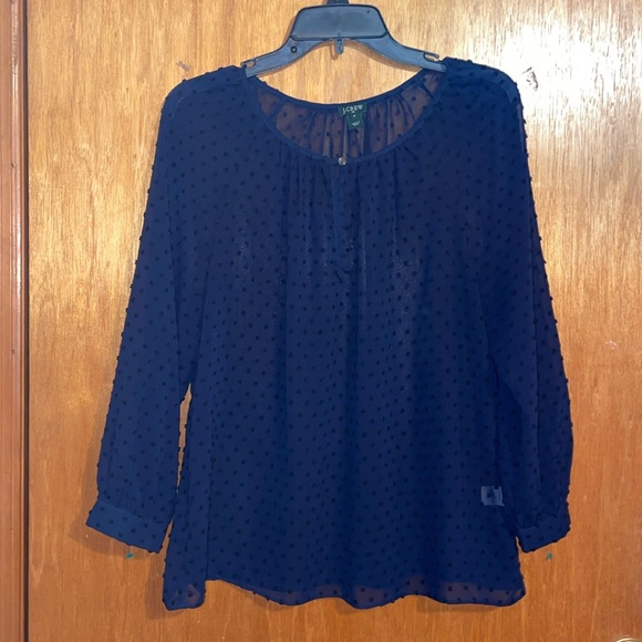 •J CREW•NWOT NAVY SWISS DOT TEXTURE SHEER KEYHOLE BUTTON CHEST BLOUSE SIZE SMALL - Picture 10 of 10